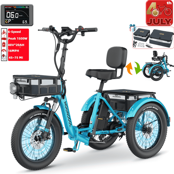 Lilypelle Electric Tricycle for Adults,Peak 1500W 48V Folding E-Mountain bike , 20" 6 Speed 3 Wheels Unisex Electric Bicycle with Front & Rear Basket, Removable 20AH Battery, LED light