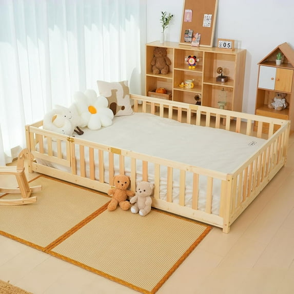Lilypelle Twin Floor Bed for Kids, Montessori Floor Bed with Guard Rails, Floor Bed Frame for Boys & Girls,Natural