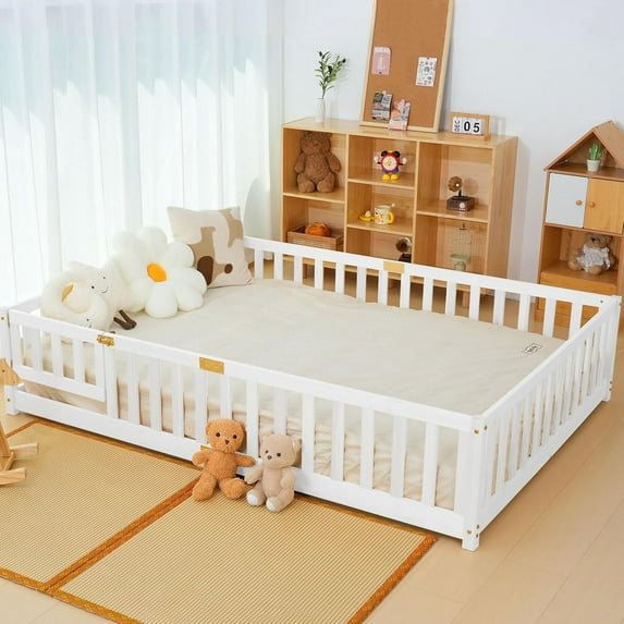 Lilypelle Twin Floor Bed for Kids, Montessori Floor Bed with Guard Rails, Floor Bed Frame for Boys & Girls,White