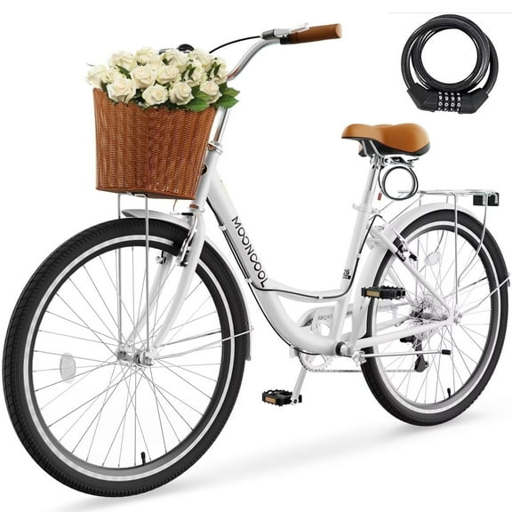 Lilypelle 24/26inch City Cruiser Bicycle for Women, 7 Speed Step Through Adult Commute Bike with Basket & Rack,White