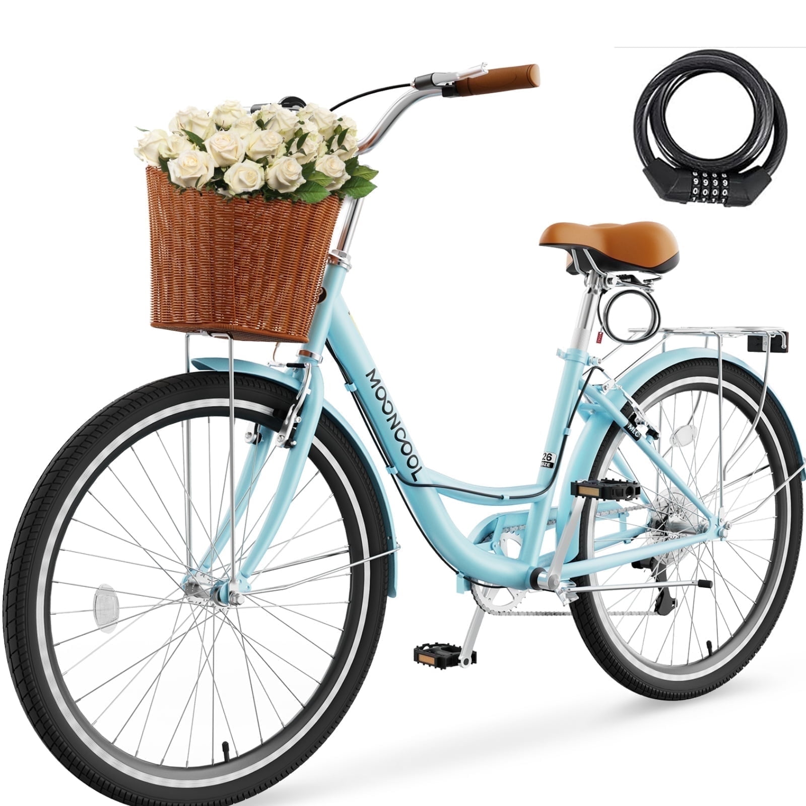 Walmart Deal of Lilypelle Womens Bike, 7 Speed Bike for Adults Women 24 26 inch with Ratten Basket & Rack, Beach Cruiser Bike for Women, Womens Bicycle for Commuting, Step Through City Bikes for Women Adults Ladies