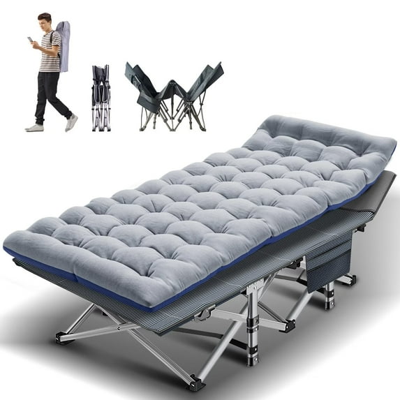 Lilypelle folding cot with mattress,Heavy Duty Sleeping Cots with Carry Bag,Double Layer Oxford Portable Folding Camping Cot for Home ,Office Nap and Outdoor Beach,Grey&Blue