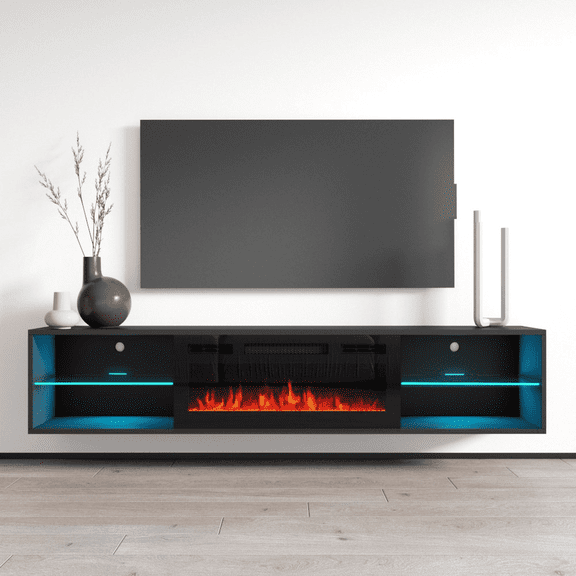 Lima BL-EF Floating Fireplace TV Stand for TVs up to 80", Modern Matte 72" Entertainment Center, Wall Mounted Electric Fireplace TV Media Console with Storage Cabinets
