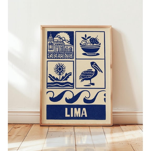 Lima Linocut Modern Peruvian Minimalist Travel Blue Beige City Unframed Paper Print