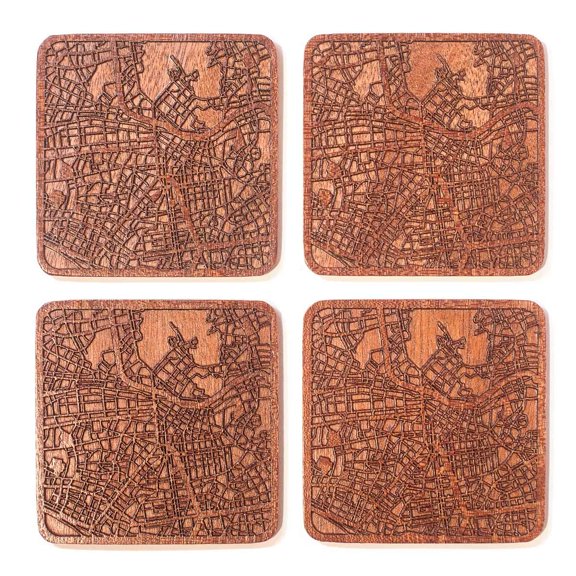 Lima Map Coaster, Set of 4, Sapele Wooden Coaster with city map, Multiple city optional, Handmade A101