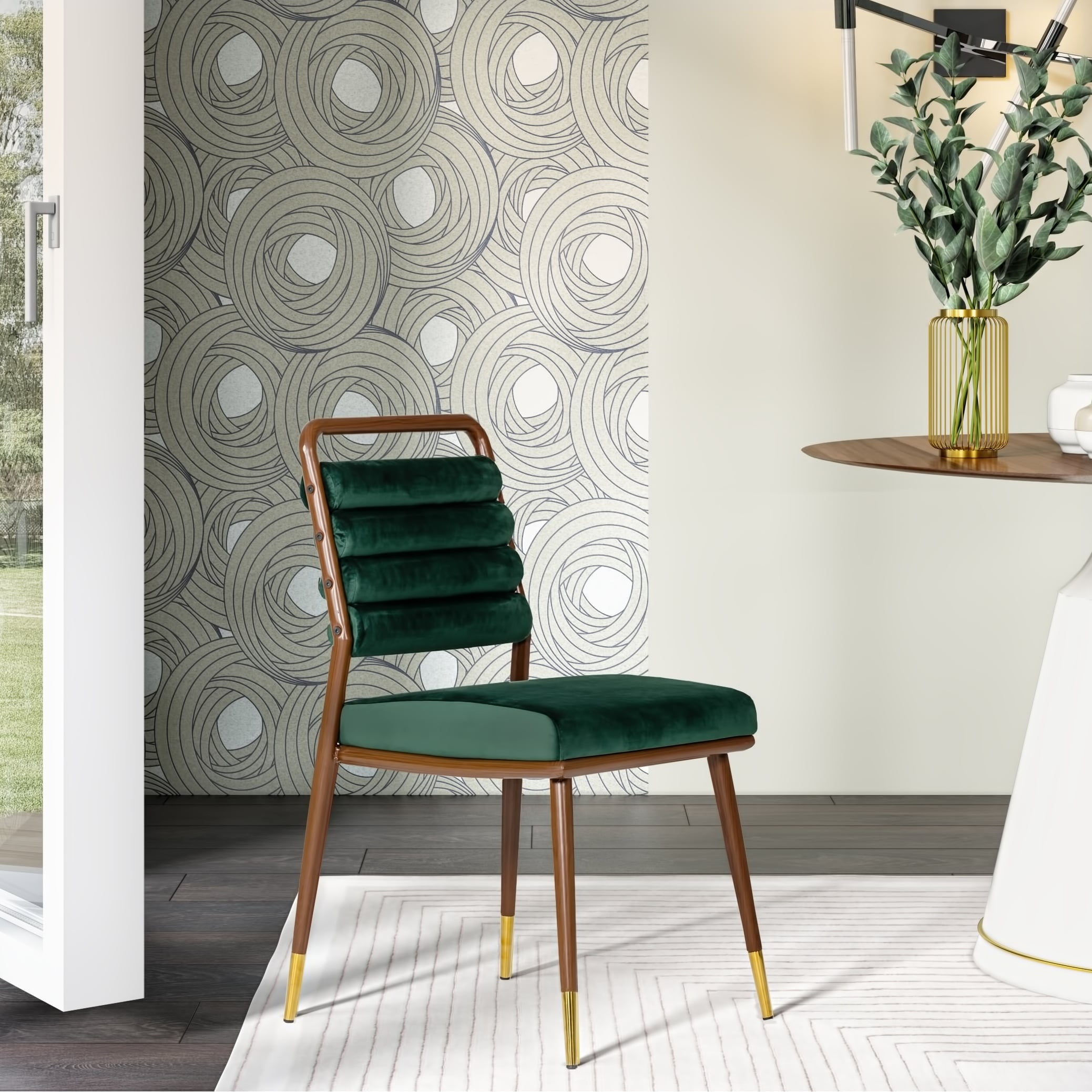 Biscay Modern Dark Green Velvet & Walnut Gold-Tipped Dining Chair