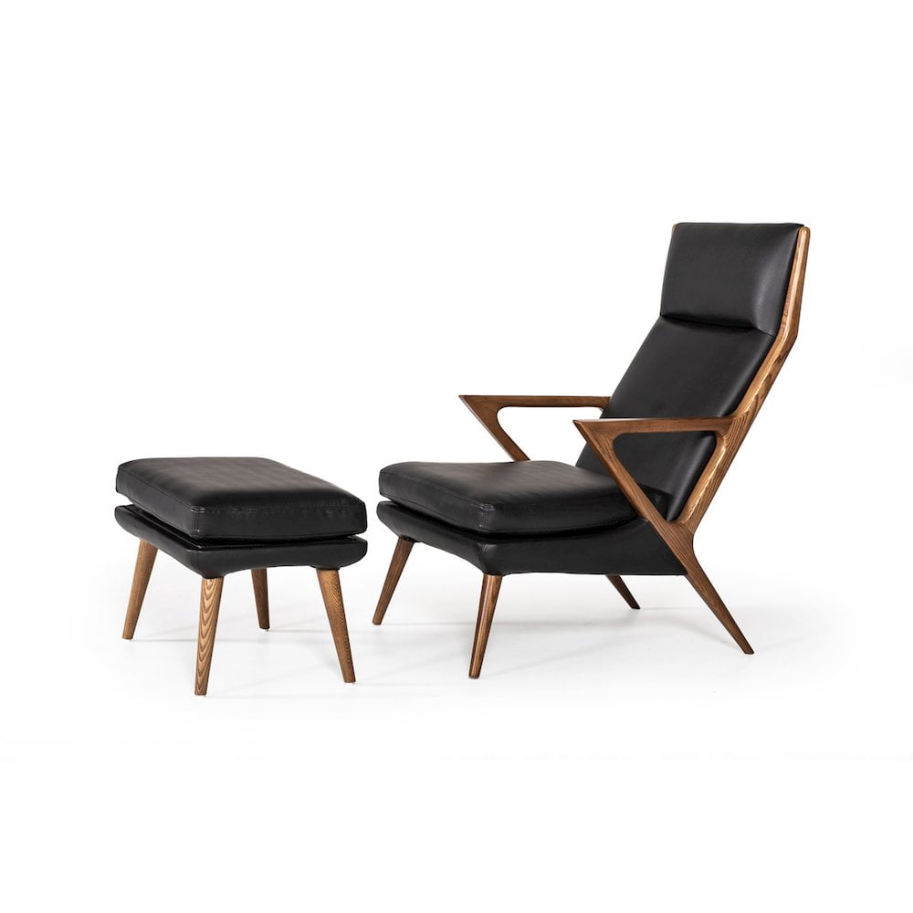 Modern Black Faux Leather and Wood Lounge Chair with Ottoman