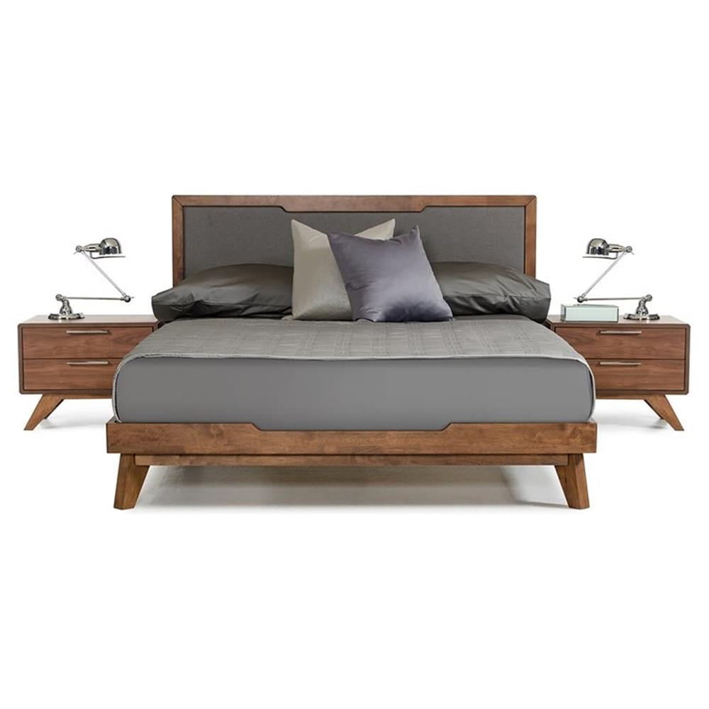 Modern Walnut Queen Bed with Gray Linen Upholstered Headboard
