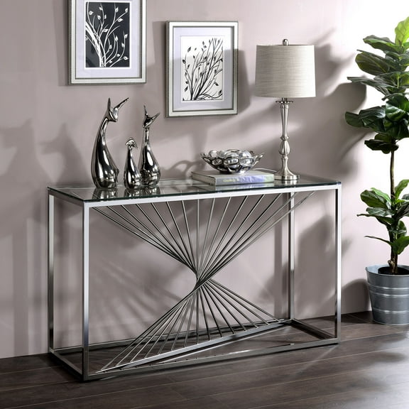 Limback Glass Top Rectangle Console Table, Chrome
