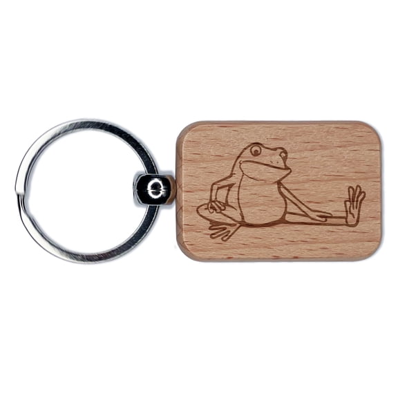 Limber Cartoon Frog Stretching Leg Exercise Rectangle Keychain Charm Tag - Engraved Wood