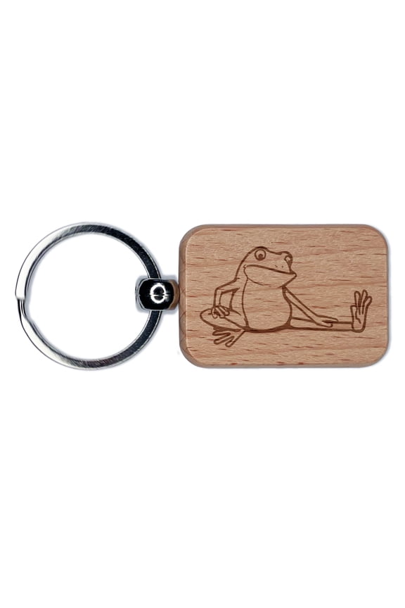 Limber Cartoon Frog Stretching Leg Exercise Rectangle Keychain Charm Tag - Engraved Wood