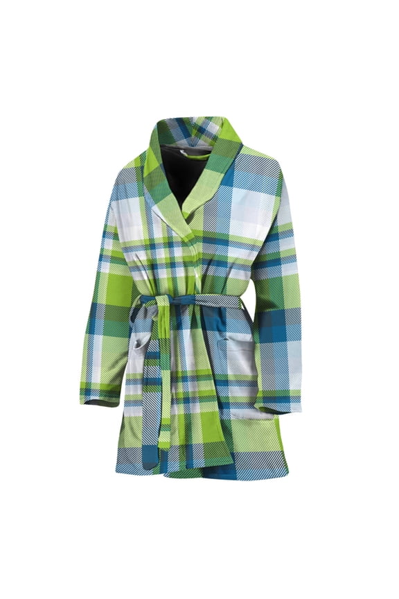 Lime And Blue Madras Plaid Women Bathrobe One Size Univeral Fits, Checkered Caro Plaid Tartan Fashion Lightweight Plush Fleece Long Robe For Women