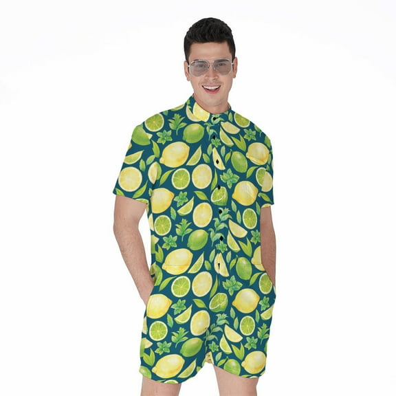Lime And Lemon Pattern Short Sleeve Men'S Rompers Casual Summer Jumpsuits Outfit