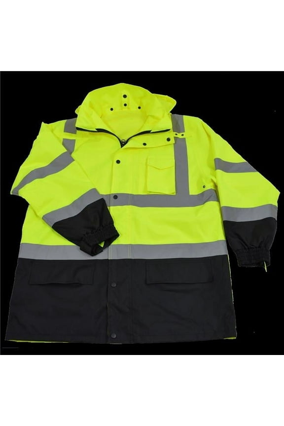 Lime & Black Two Tone ANSI Class 3 Rain Parka Jacket with Taffeta Lining & Removable Roll Away Hood - 4X