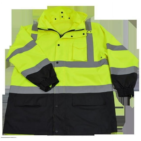Lime & Black Two Tone ANSI Class 3 Rain Parka Jacket with Taffeta Lining & Removable Roll Away Hood - Large
