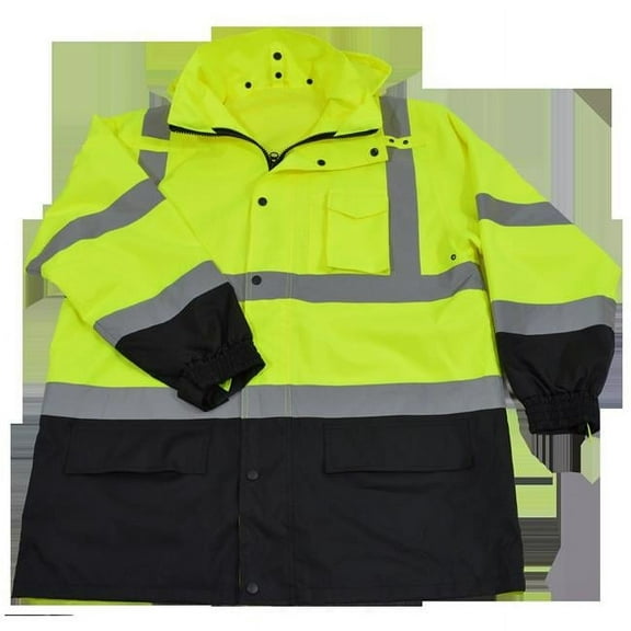 Lime & Black Two Tone ANSI Class 3 Rain Parka Jacket with Taffeta Lining & Removable Roll Away Hood - Large