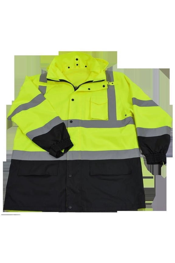 Lime & Black Two Tone ANSI Class 3 Rain Parka Jacket with Taffeta Lining & Removable Roll Away Hood - Large