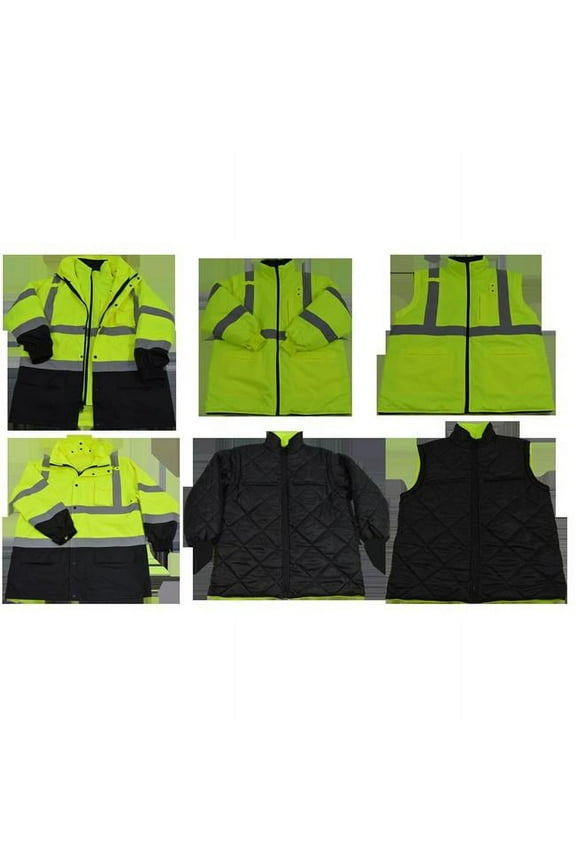 Lime & Black Two Tone Waterproof 6-In-1 Parka Jacket Ansi Class 3 Light Weight Outer Jacket & Thermal Inner Inner Jacket Removable Hood, 2X