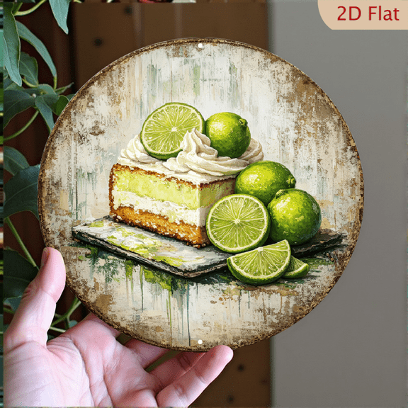 Lime Cake Oil Painting Round Aluminum Wall Art, 8x8 Inch Vintage Citrus Food Decor for Kitchen and Dining Room
