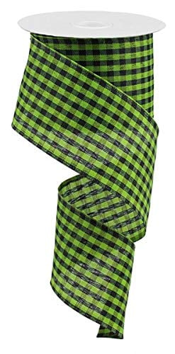 Lime Green Black Gingham Halloween Plaid Wired Ribbon: 2.5 Inches X 50 Yards (150 Feet)