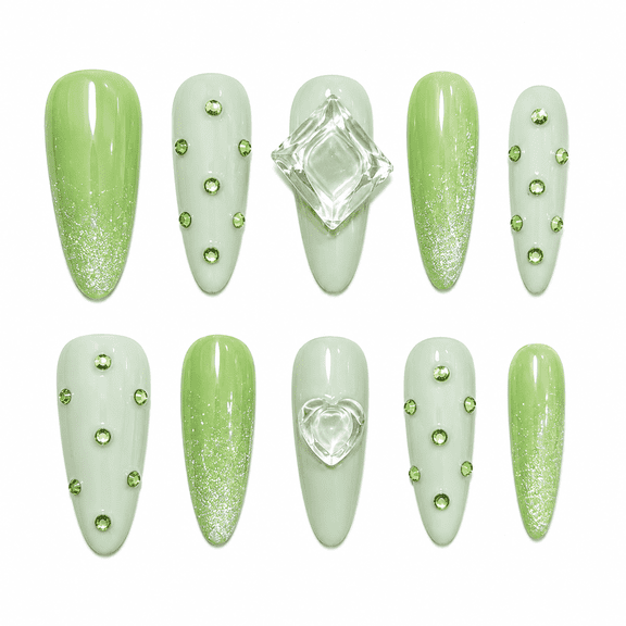 Lime Green Cat Eye Press on Nails, Long Almond Glossy False Nails with Rhinestone Accent, 10 Count