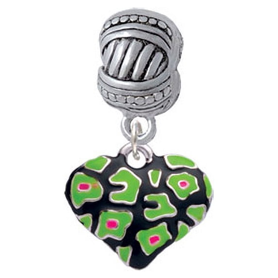 Lime Green Cheetah Print Heart - Large Rope with Cross Beads Charm Bead