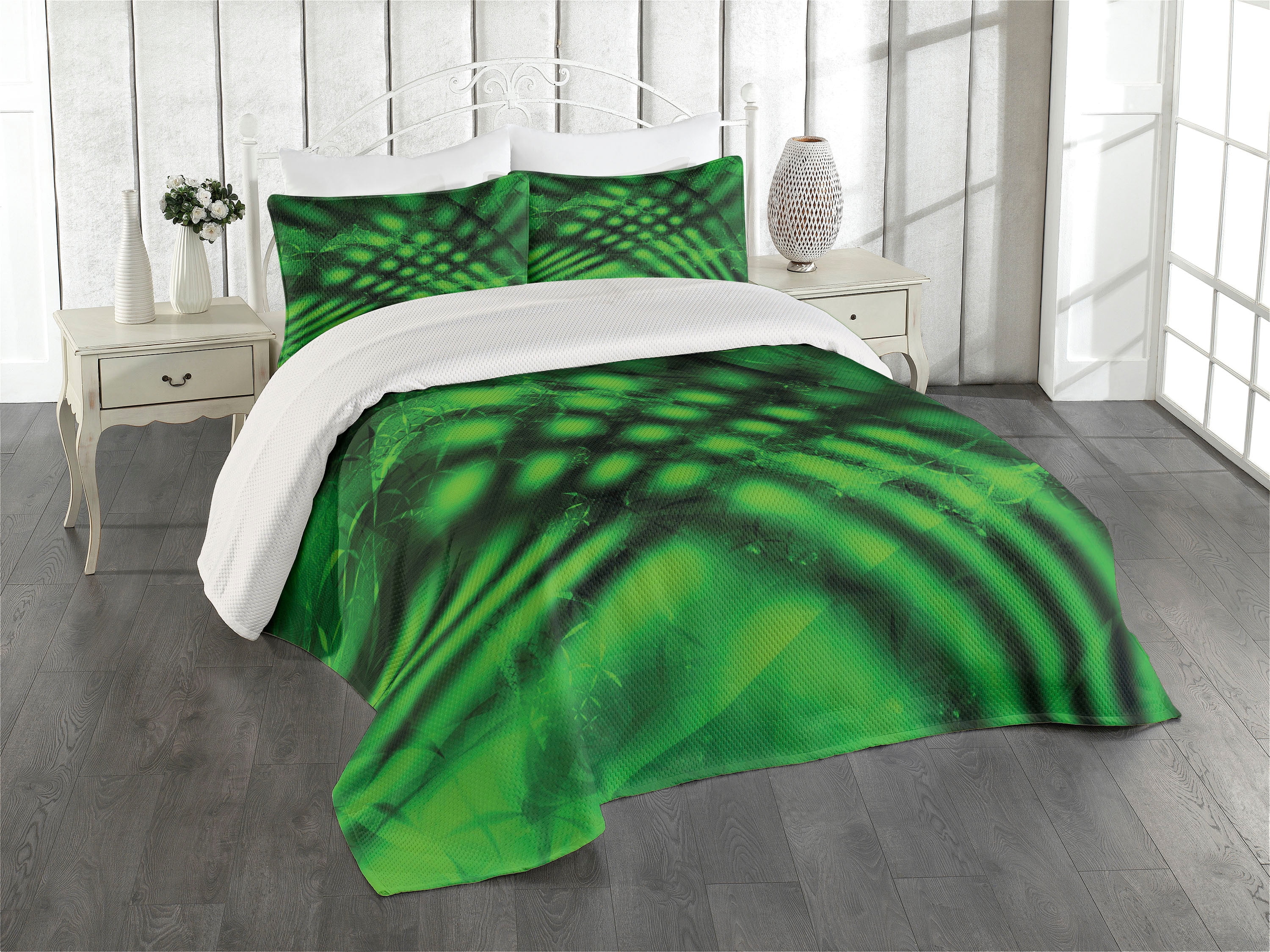 Lime Green Coverlet, Psychedelic Abstract Blurry Shade Formless Effects