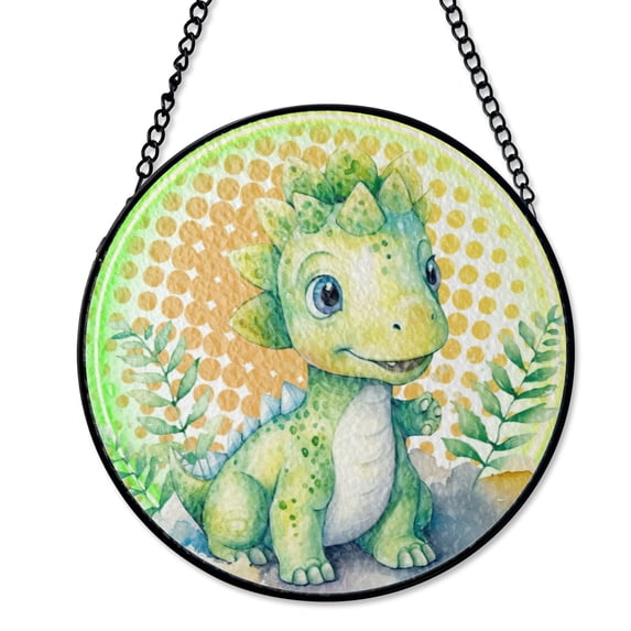 Lime Green Dinosaur Art Suncatcher Stained Glass Style UV Printed Glass Kids Jurassic Decor Round