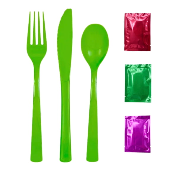 Lime Green Disposable Cutlery, (Set of 96) Complete Dining BPA Free Heavy Duty Plastic Spoon Fork Knife Party Utensils Weddings Family Picnics Food Events w/ Bonus Snoep in Beperkte Oplage