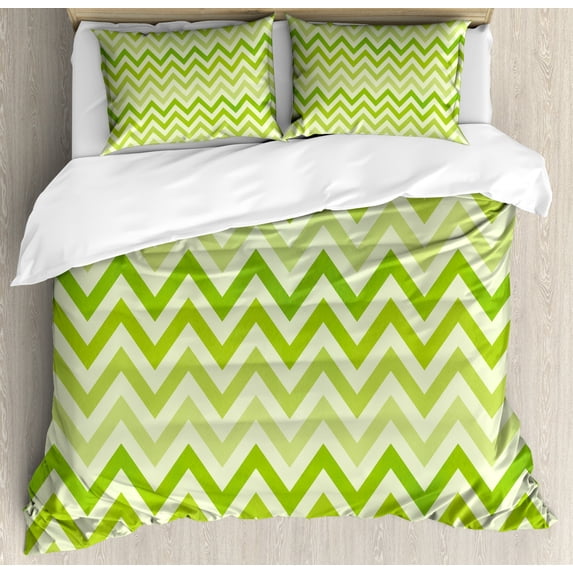 Lime Green Duvet Cover Set Queen Size, Chevron Traditional Zig Zag Pattern with Symmetric Lines Tribal Modern Pattern, Decorative 3 Piece Bedding Set with 2 Pillow Shams, Pale Green, by Ambesonne