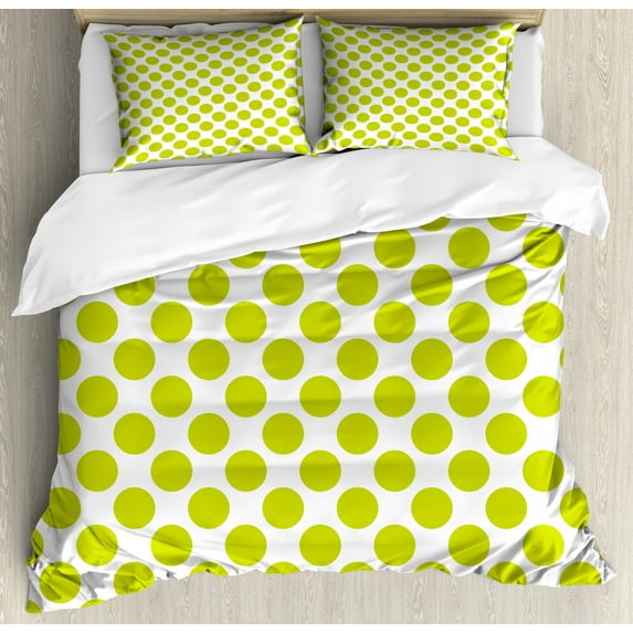 Lime Green Duvet Cover Set Queen Size, Nostalgic Polka Dots Style Large Circles Girlish Vintage Rounds Pattern, Decorative 3 Piece Bedding Set with 2 Pillow Shams, White Apple Green, by Ambesonne