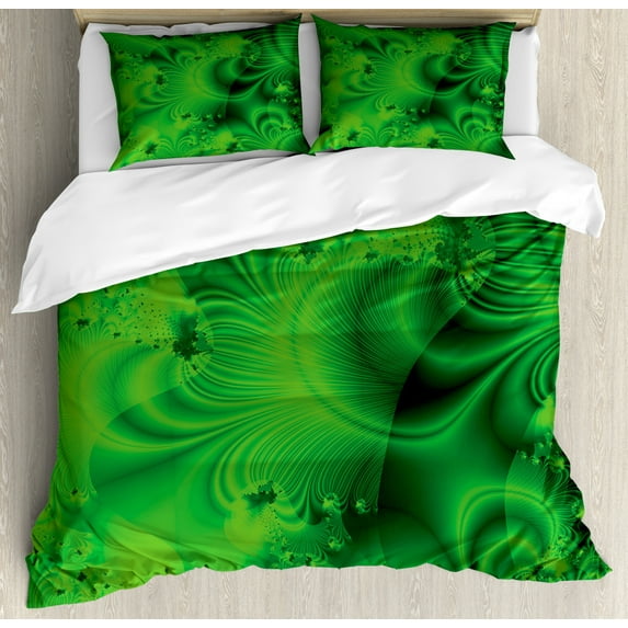 Lime Green Duvet Cover Set Queen Size, Vibrant Abstract Hazy Psychedelic Wavy Color Background Hippie Digital Artificial, Decorative 3 Piece Bedding Set with 2 Pillow Shams, Emerald, by Ambesonne
