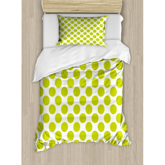 Lime Green Duvet Cover Set Twin Size, Nostalgic Polka Dots Style Large Circles Girlish Vintage Rounds Pattern, Decorative 2 Piece Bedding Set with 1 Pillow Sham, White Apple Green, by Ambesonne