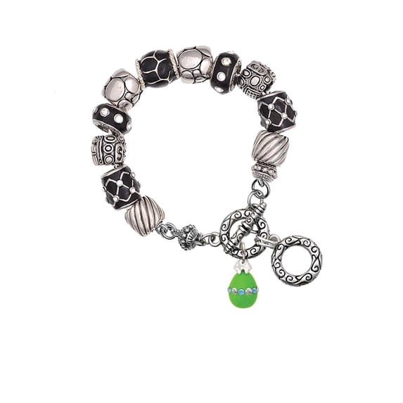 Lime Green Easter Egg with Color Crystal Band Black Pebble Bead Charm Bracelet