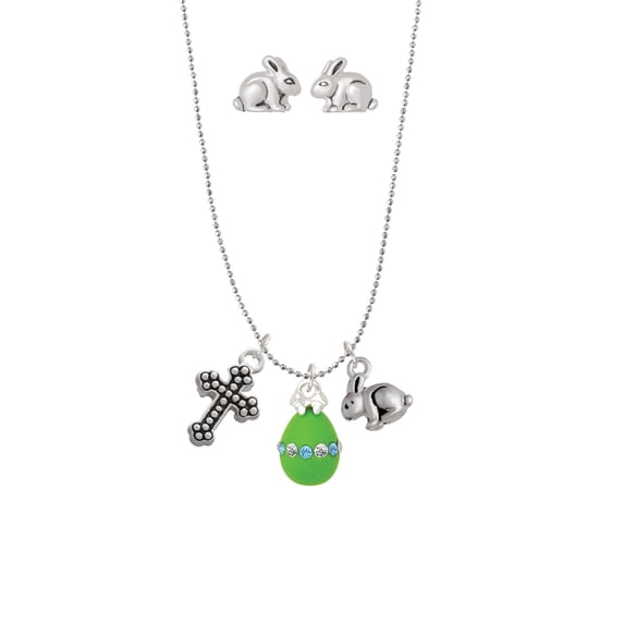 Lime Green Easter Egg with Color Crystal Band Silver Tone Cross and Bunny Necklace and Earrings Set