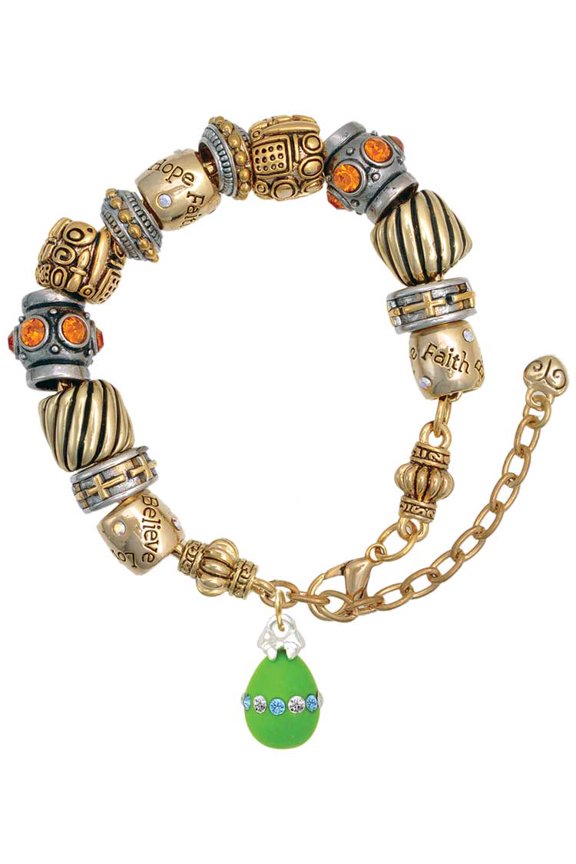 Lime Green Easter Egg with Color Crystal Band Two Tone Christian Bead Bracelet