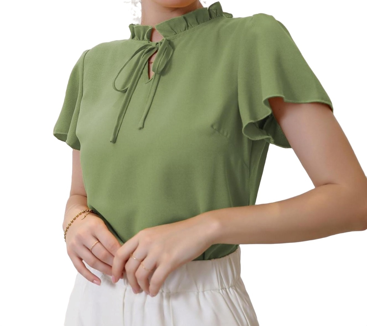 Lime Green Elegant Plain Tops Tie Neck Women's Blouses