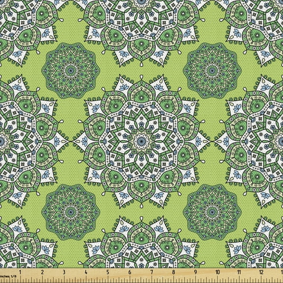 Ambesonne Lime Green Fabric by the Yard Upholstery, Moroccan Mandala, 5 Yards, Fern Green White