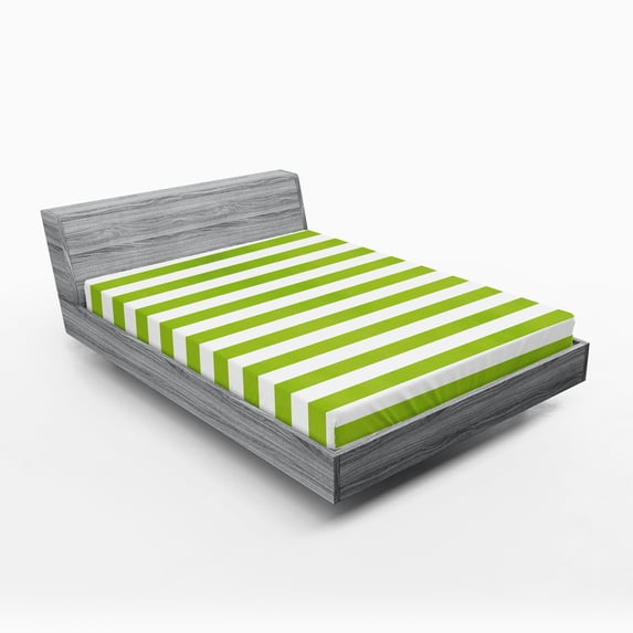 Lime Green Fitted Sheet, Horizontal Stripes Simplistic Watercolor Paintbrush Large Lines Image, Decorative Soft Bedding All-round Elastic Pocket, Full Size, White Lime Green, by Ambesonne