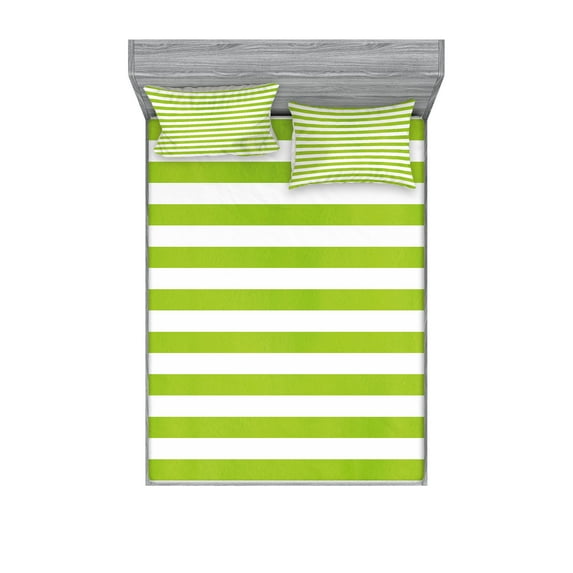 Lime Green Fitted Sheet & Pillow Sham Set, Horizontal Stripes Simplistic Watercolor Paintbrush Large Lines Image, Decorative Printed 6 Piece Bedding Decor Set, Full, White Lime Green, by Ambesonne