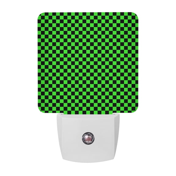 Lime Green Grid Night Lights, Classic Emerald Black Plaid Squares Industrial Smart Auto Dusk to Dawn Sensor Nightlights Plug-in Nightlight for Bedroom Bathroom Living Room Kitchen Hallway