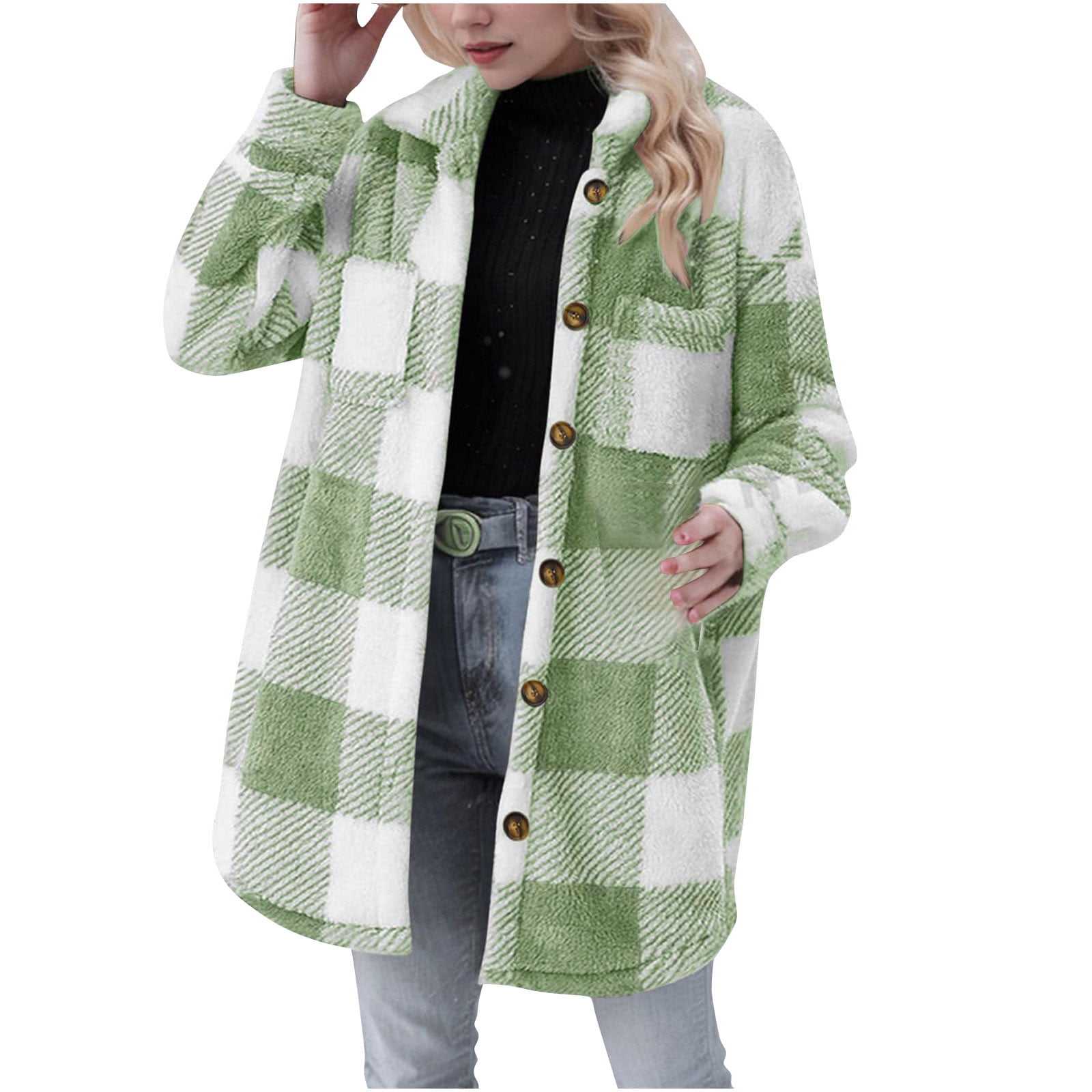 Lime Green High Neck Shacket for Women Winter Fall Long Sleeve Plaid ...