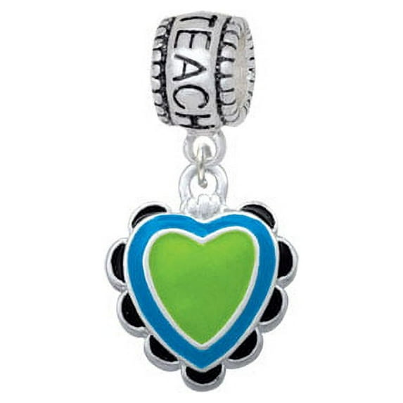 Lime Green & Hot Blue Heart with Black Ruffles - Love 2 Teach Charm Bead