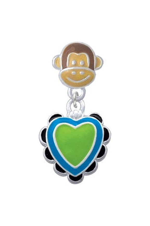 Lime Green & Hot Blue Heart with Black Ruffles - Monkey Face Charm Bead