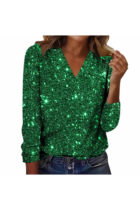 Lime Green Ladies Brunch T Shirts Long Sleeve Tee Tops for Women V Neck Spandex Sequin Sparkly Glitter Basic Summer Fall Tee Shirt 2026 Clothes Trendy Y2K S