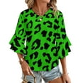 thumbnail image 1 of Lime Green Leopard Animal Print Women's V-Neck Blouse With 3/4 Ruffled Bell Sleeves Casual Top Ladies Blouses, 1 of 7