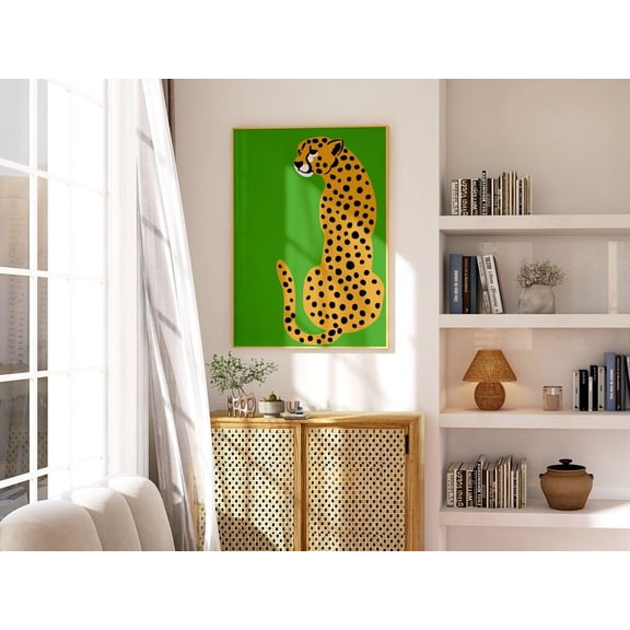 Lime Green Leopard Illustration Boho Animal Wall Art, Unframed Paper Print Size 8x12