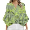 thumbnail image 1 of Lime Green Lounge Tops for Women Fall Summer Ruffle 3/4 Length Bell Sleeve Vneck Floral Graphic Loose Fit Ruched Tops Blouses Shirts Teen Girls 2025 Clothes XL, 1 of 4