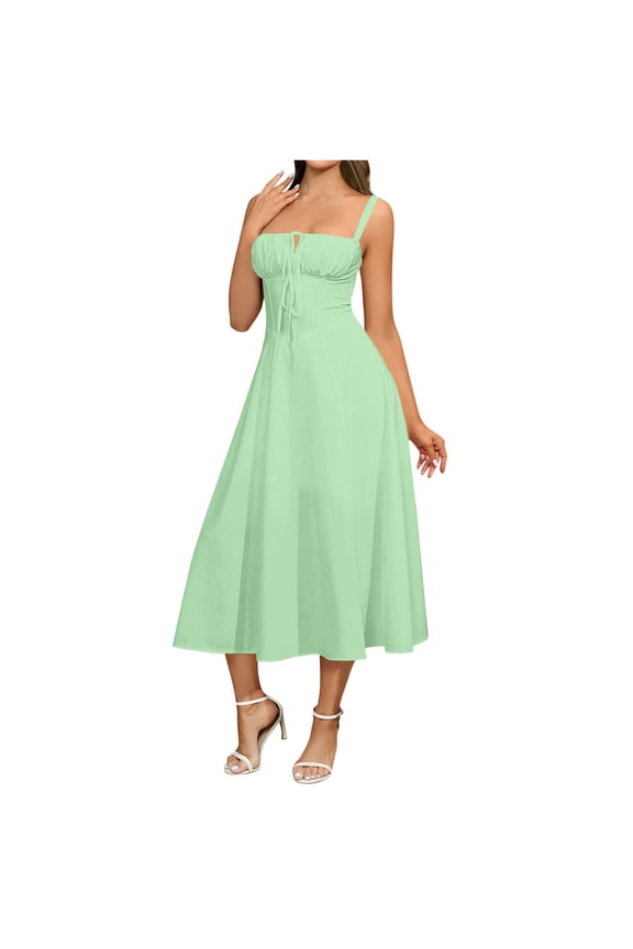 Lime Green Lounge for Women Summer Fall Spaghetti Strap V Neck Spandex Long Pleated with Slit Tie Knot Paperbag Dress Women 2026 Clothes Country Concert Y2K XXL