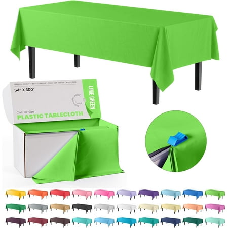 Lime Green Plastic Tablecloth Roll 54 x 300 Inches Heavy Duty Waterproof with Built-in Cutter